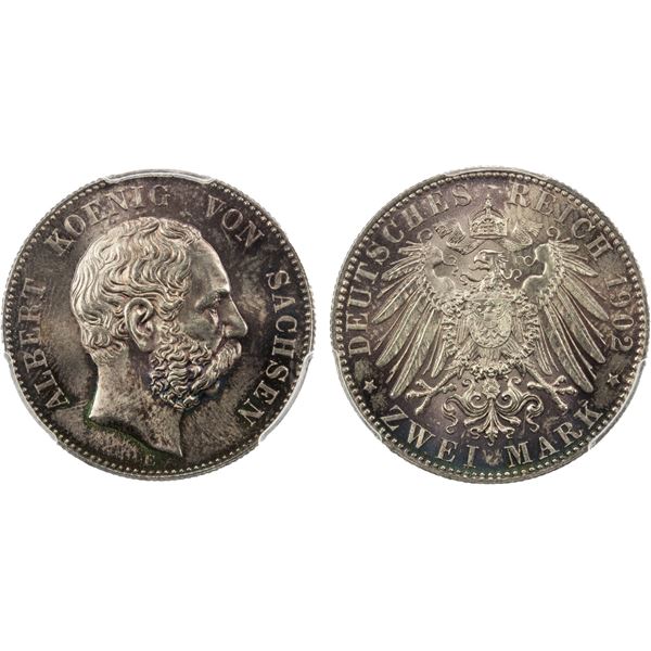 SAXONY: Albert, 1873-1902, AR 2 mark, Muldenhütten, 1902-E, PCGS MS67