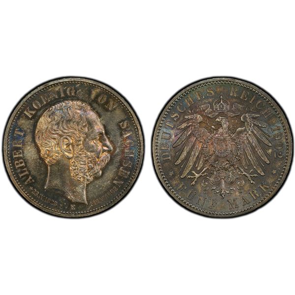 SAXONY: Georg, 1902-1904, AR 5 mark, Muldenhütten, 1902-E, PCGS MS64