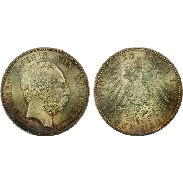 SAXONY: Georg, 1902-1904, AR 5 mark, Muldenhütten, 1902-E, PCGS MS67 +