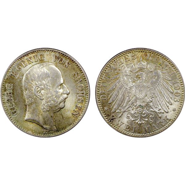 SAXONY: Georg, 1902-1904, AR 2 mark, Muldenhütten, 1903-E, PCGS MS65