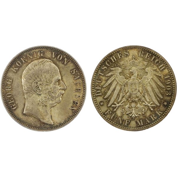 SAXONY: Georg, 1902-1904, AR 5 mark, Muldenhütten, 1903-E, PCGS MS65