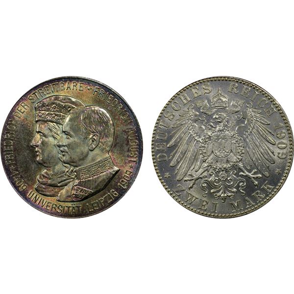SAXONY: Friedrich August III, 1904-1918, AR 2 mark, 1909, PCGS MS67