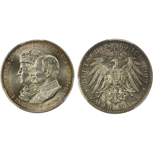 SAXONY: Friedrich August III, 1904-1918, AR 2 mark, 1909, PCGS MS67