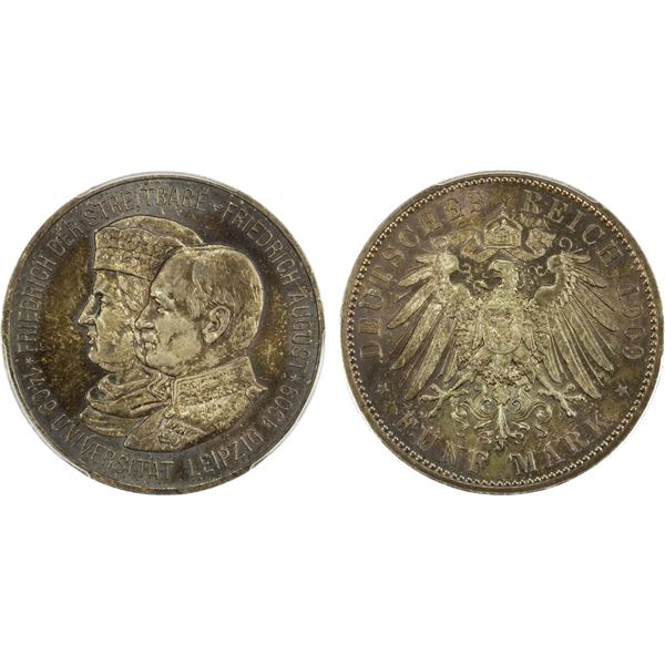 SAXONY: Friedrich August III, 1904-1918, AR 5 mark, 1909, PCGS MS67