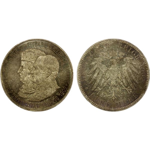 SAXONY: Friedrich August III, 1904-1918, AR 5 mark, 1909, PCGS MS66