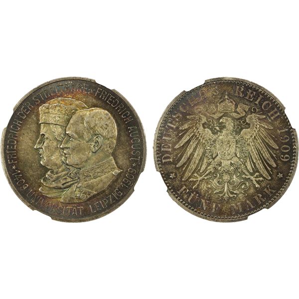 SAXONY: Friedrich August III, 1904-1918, AR 5 mark, 1909, NGC MS65