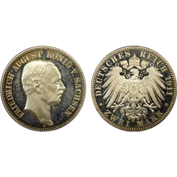 SAXONY: Friedrich August III, 1904-1918, AR 2 mark, Muldenhütten, 1911-E, PCGS Proof 64 DCAM