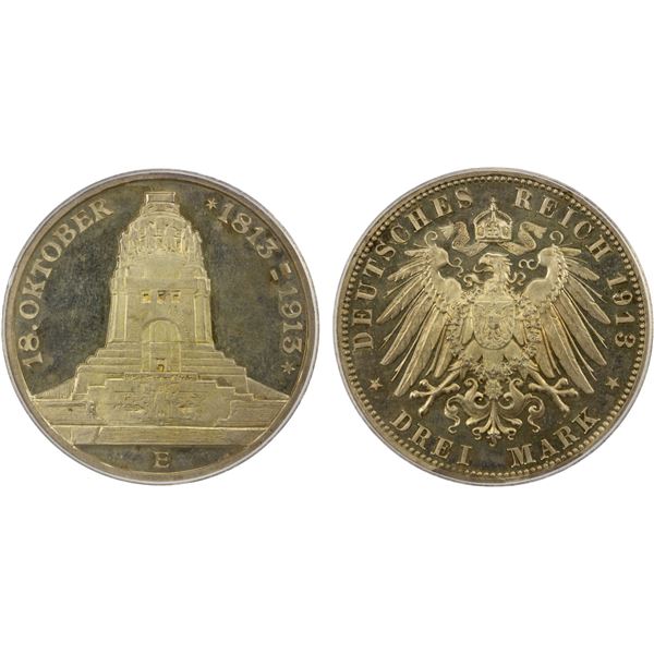 SAXONY: Friedrich August III, 1904-1918, AR 3 mark, Muldenhütten, 1913-E, PCGS Proof 65 CAM