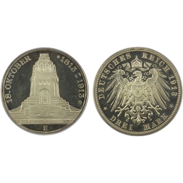 SAXONY: Friedrich August III, 1904-1918, AR 3 mark, Muldenhütten, 1913-E, PCGS Proof 64 DCAM