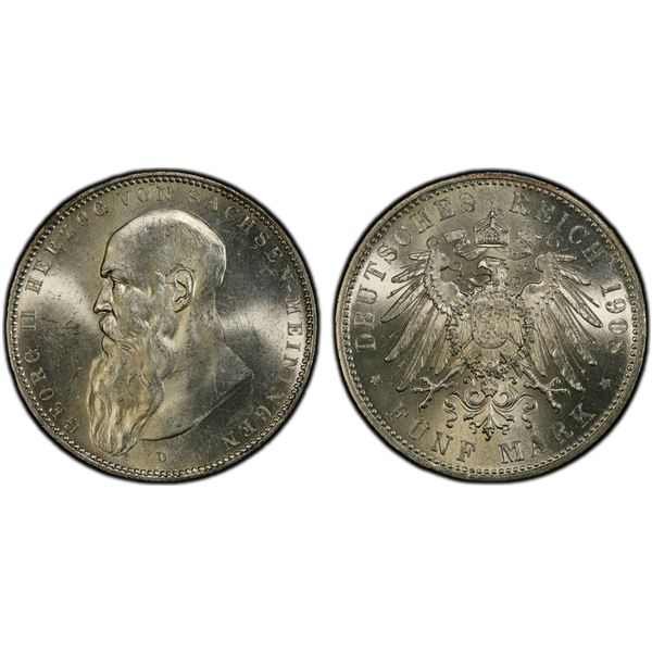 SAXE-MEININGEN: Georg II, 1866-1914, AR 5 mark, 1908-D, PCGS MS63