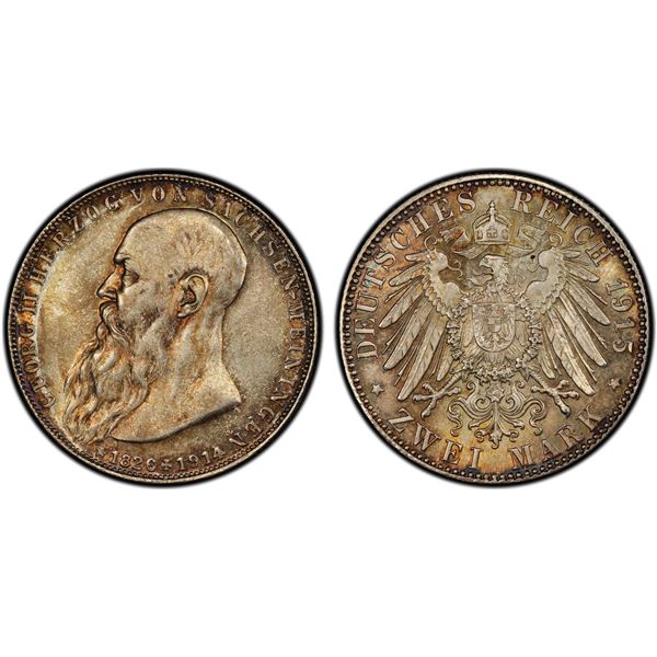 SAXE-MEININGEN: Bernhard III, 1914-1918, AR 2 mark, 1915, PCGS MS66 +