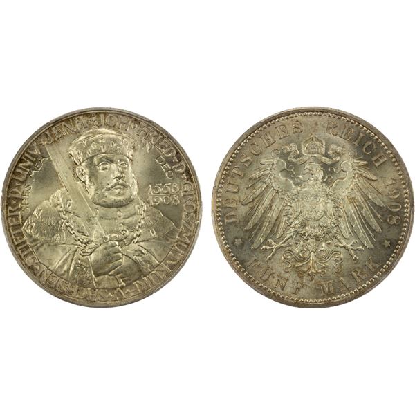 SAXE-WEIMAR-EISENACH: Wilhelm Ernst, 1901-1918, AR 5 mark, 1908, PCGS MS67