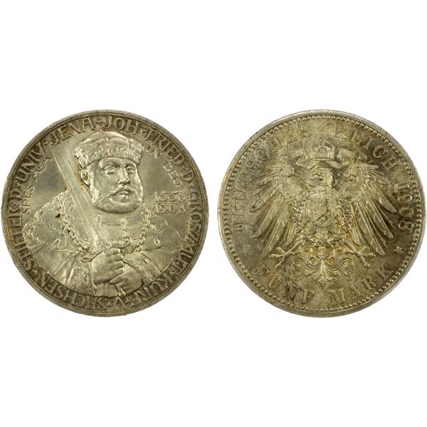 SAXE-WEIMAR-EISENACH: Wilhelm Ernst, 1901-1918, AR 5 mark, 1908, PCGS MS66