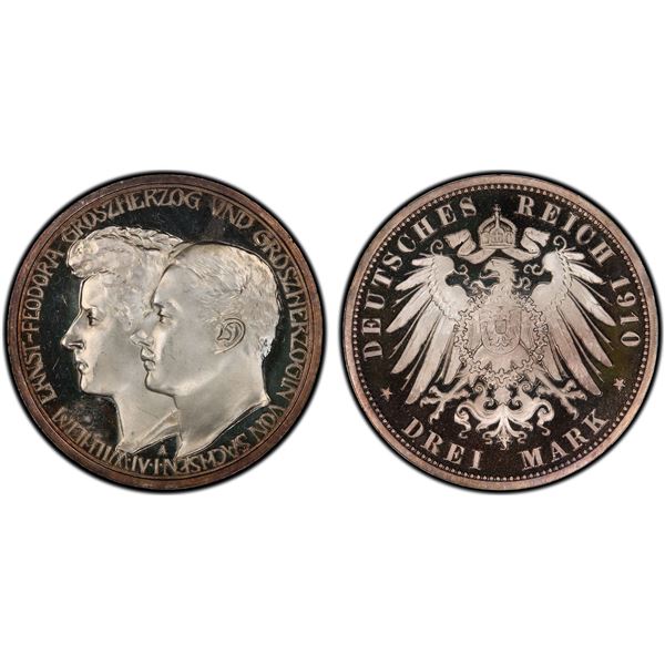 SAXE-WEIMAR-EISENACH: Wilhelm Ernst, 1901-1918, AR 3 mark, 1910-A, PCGS Proof 66 DCAM