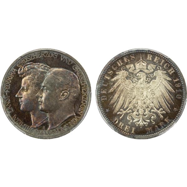 SAXE-WEIMAR-EISENACH: Wilhelm Ernst, 1901-1918, AR 3 mark, 1910-A, PCGS Proof 64