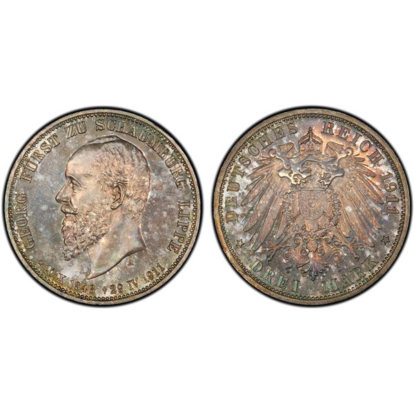 SCHAUMBURG-LIPPE: Albrecht Georg, 1893-1911, AR 3 mark, Berlin, 1911-A, PCGS Proof 65