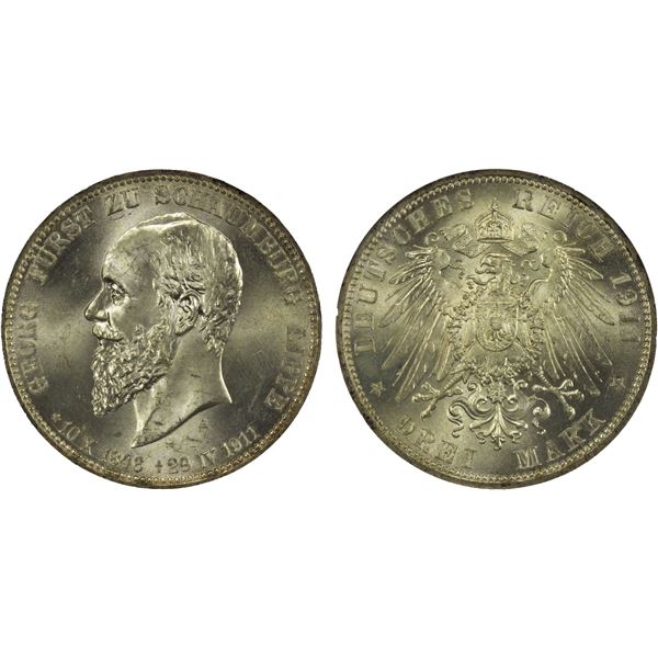 SCHAUMBURG-LIPPE: Albrecht Georg, 1893-1911, AR 3 mark, 1911-A, NGC MS65