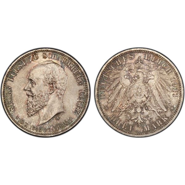 SCHAUMBURG-LIPPE: Adolf II, 1911-1918, AR 3 mark, 1911-A, PCGS MS65