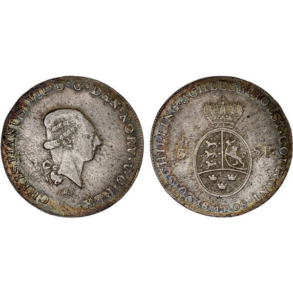 SCHLESWIG-HOLSTEIN: Christian VII, 1784-1808, AR 20 schilling, 1808, XF