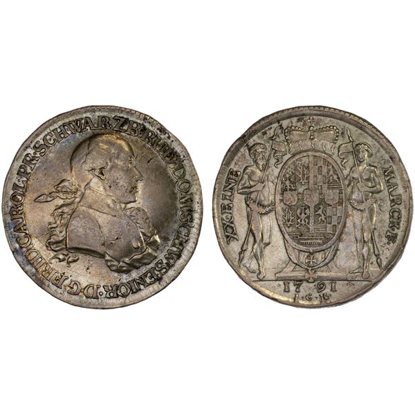 SCHWARZBURG-RUDOLSTADT: Friedrich Karl, 1790-1793, AR 1/2 thaler, 1791, VF