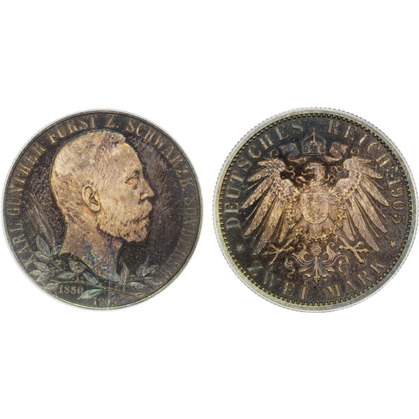 SCHWARZBURG-SONDERSHAUSEN: Karl Günther, 1880-1909, AR 2 mark, 1905, PCGS Proof 66