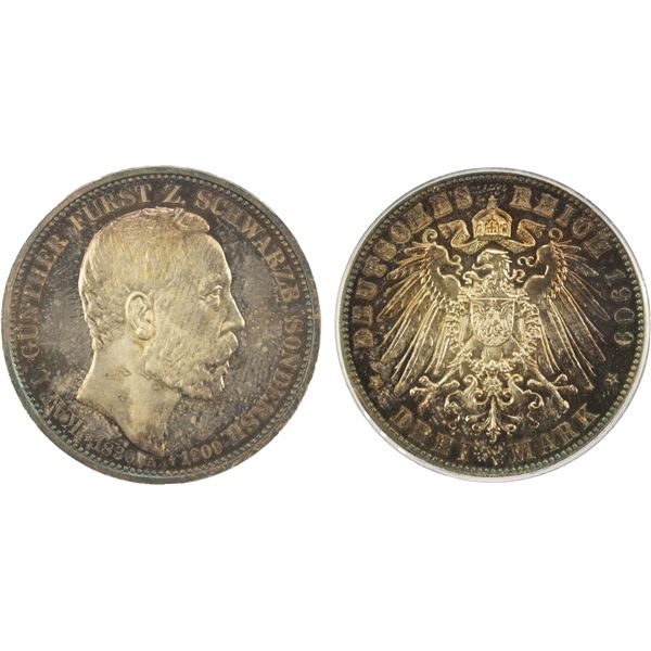 SCHWARZBURG-SONDERSHAUSEN: Karl Günther, 1880-1909, AR 3 mark, Berlin, 1909-A, PCGS Proof 65