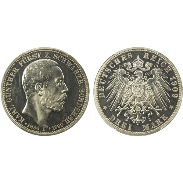 SCHWARZBURG-SONDERSHAUSEN: Karl Günther, 1880-1909, AR 3 mark, Berlin, 1909-A, PCGS Proof 62 CAM