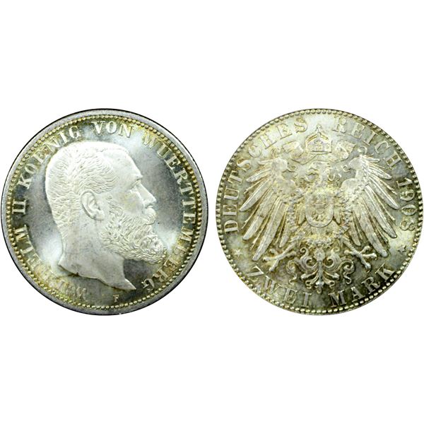 WÜRTTEMBERG: Wilhelm II, 1891-1918, AR 2 mark, Freudenstadt, 1908-F, PCGS MS66