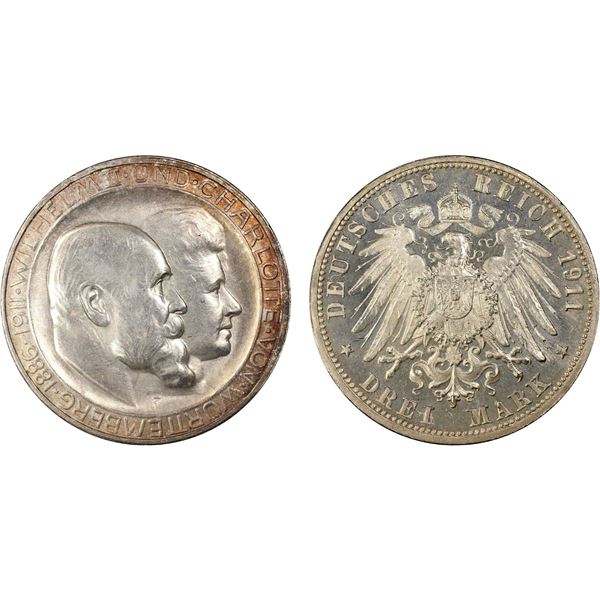 WÜRTTEMBERG: Wilhelm II, 1891-1918, AR 3 mark, Freudenstadt, 1911-F, PCGS Proof 65 CAM