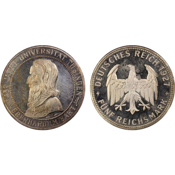 GERMANY: Weimar Republic, AR 5 reichsmark, Stuttgart, 1927-F, PCGS Proof 64 DCAM