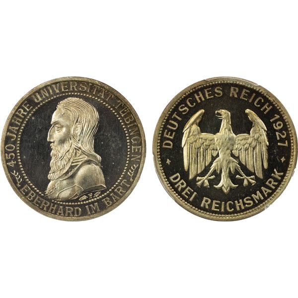 GERMANY: Weimar Republic, AR 3 reichsmark, Stuttgart, 1927-F, PCGS Proof 64 +DCAM