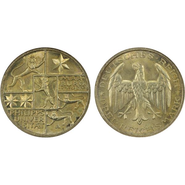 GERMANY: Weimar Republic, AR 3 reichsmark, Berlin, 1927-A, NGC MS67