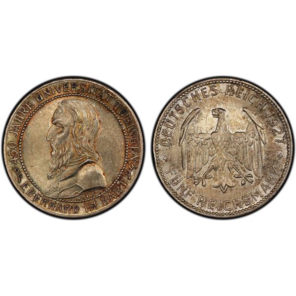 GERMANY: Weimar Republic, AR 5 reichsmark, Stuttgart, 1927-F, PCGS MS66