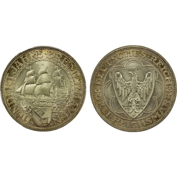 GERMANY: Weimar Republic, AR 3 reichsmark, Berlin, 1927-A, PCGS MS66