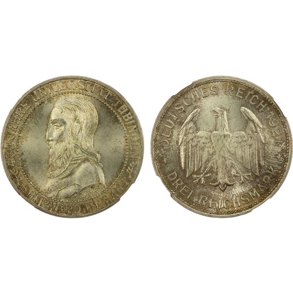 GERMANY: Weimar Republic, AR 3 reichsmark, Stuttgart, 1927-F, NGC MS65