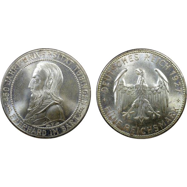 GERMANY: Weimar Republic, AR 5 reichsmark, Stuttgart, 1927-F, PCGS MS65