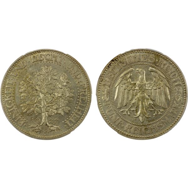 GERMANY: Weimar Republic, AR 5 reichsmark, Muldenhutten, 1927-E, PCGS MS63