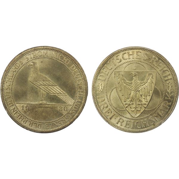GERMANY: Weimar Republic, AR 3 reichsmark, Hamburg, 1930-J, PCGS MS66