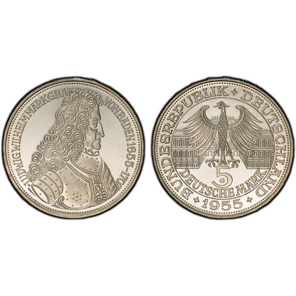 GERMANY: Federal Republic, AR 5 mark, 1955-G, PCGS Proof 63 CAM
