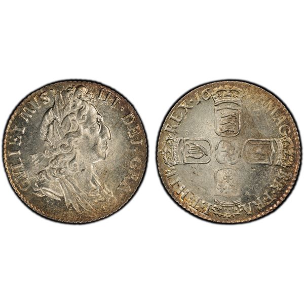 ENGLAND: William III, 1694-1702, AR sixpence, 1697, PCGS MS64