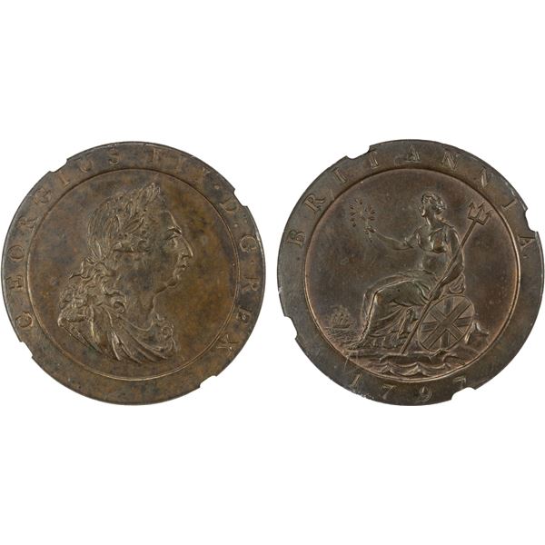 GREAT BRITAIN: George III, 1760-1820, AE penny, Soho, 1797, NGC MS62 BN