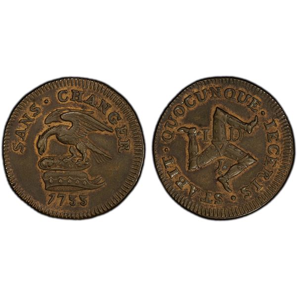ISLE OF MAN: James Stanley, 1702-1736, AE penny, 1733, PCGS AU58