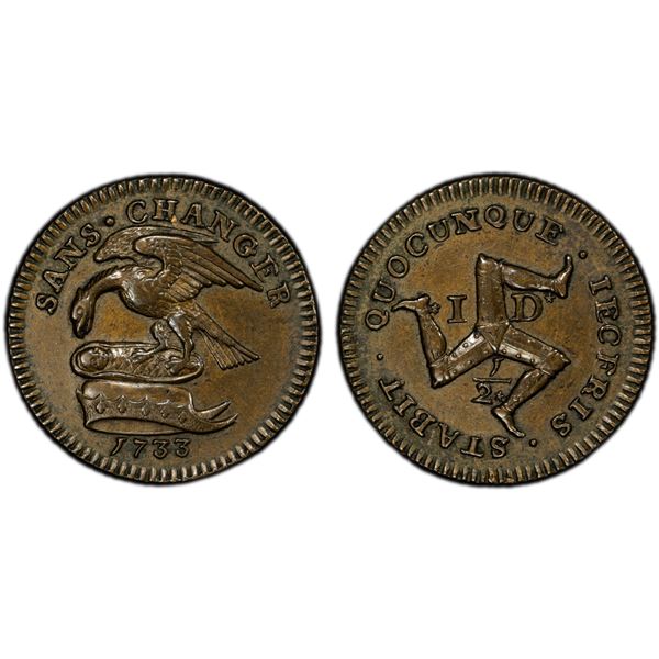 ISLE OF MAN: James Stanley, 1702–1736, AE halfpenny, 1733, PCGS MS62 BN