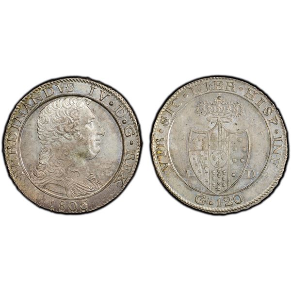 ITALY: NAPLES: Ferdinando IV di Borbone, second reign, 1799-1806, AR 120 grani, 1805, PCGS MS64