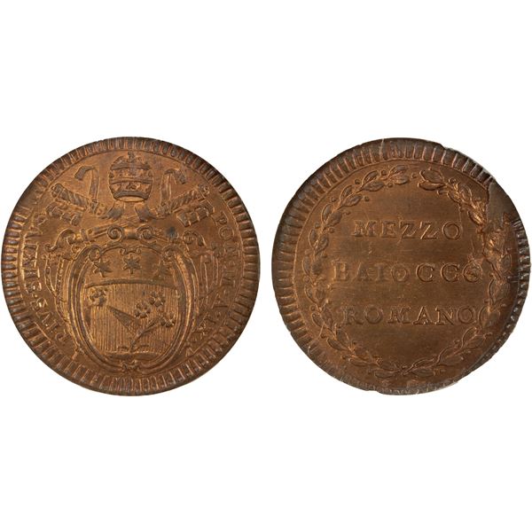 ITALY: PAPAL STATES: Pius VI, 1775-1799, AE 1/2 baiocco, 1783 year IX, NGC MS65 RD