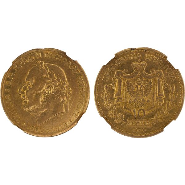 MONTENEGRO: Nicholas I, King, 1910-1918, AV 10 perpera, 1910, NGC AU details
