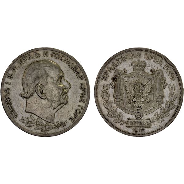 MONTENEGRO: Nicholas I, as King, 1910-1918, AR 5 perpera, 1912, XF