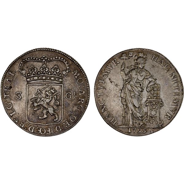 NETHERLANDS: Batavian Republic, AR 3 gulden, 1795, About XF