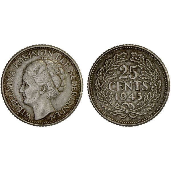 NETHERLANDS: Wilhelmina, 1890-1948, AR 25 cents, 1945-P, XF