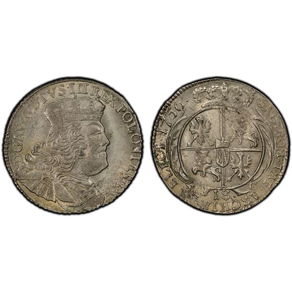 POLAND: August III, 1733-1763, AR 18 groszy (1/4 thaler / ort), Leipzig (Lipsk), 1756, PCGS MS63